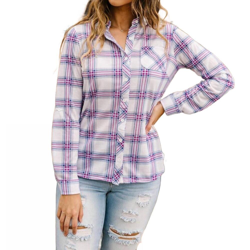 NEW NINEXIS happy plaid button-down shirt in pink/grey plaid